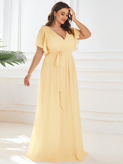 pretty LEORA|Plus Size Pleated Tie-Waist Chiffon Bridesmaid Dress