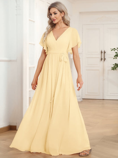 ever LEORA|Flowy Pleated A-Line Chiffon Tie-Waist Bridesmaid Dress