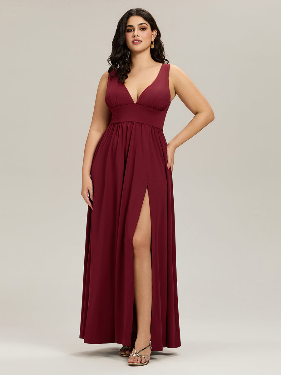 pretty SORAYA|Plus Size Sleeveless V-Neck Empire Waist High Slit Floor-Length Evening Dress