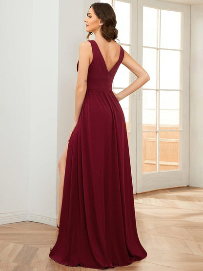 ever SORAYA|Sleeveless V-Neck Empire Waist High Slit Floor-Length Evening Dress