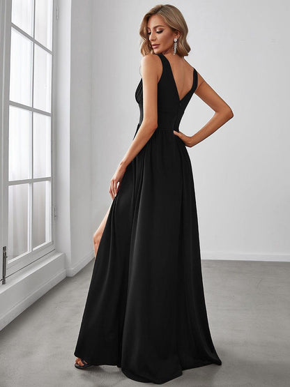 ever SORAYA|Sleeveless V-Neck Empire Waist High Slit Floor-Length Evening Dress