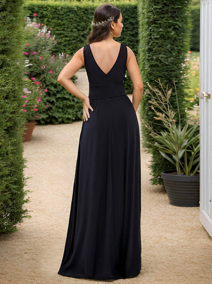 ever SORAYA|Sleeveless V-Neck Empire Waist High Slit Floor-Length Evening Dress