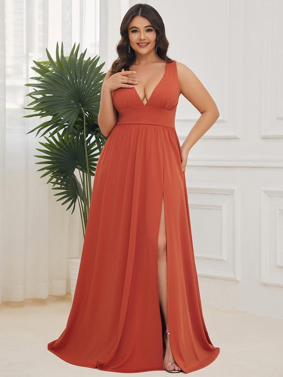 pretty SORAYA|Plus Size Sleeveless V-Neck Empire Waist High Slit Floor-Length Evening Dress