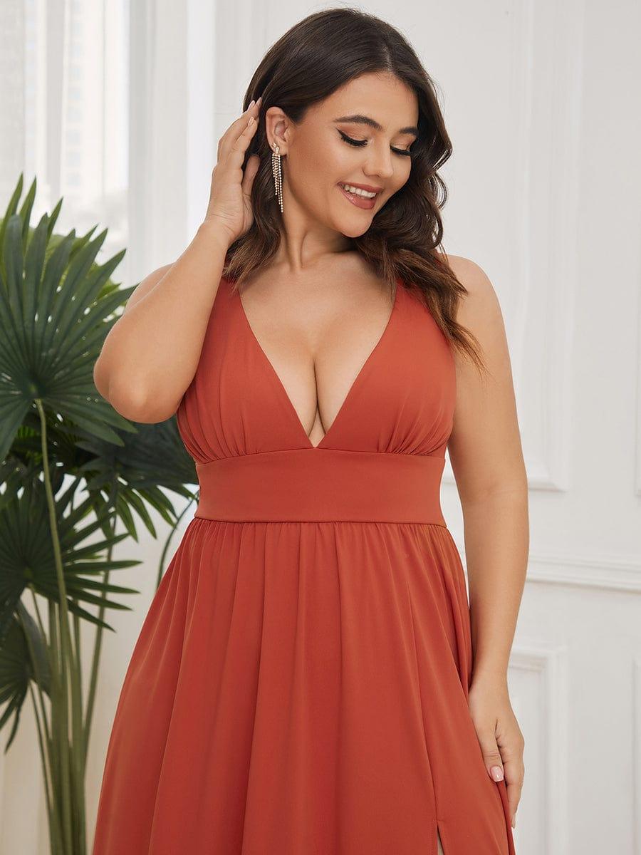 pretty SORAYA|Plus Size Sleeveless V-Neck Empire Waist High Slit Floor-Length Evening Dress