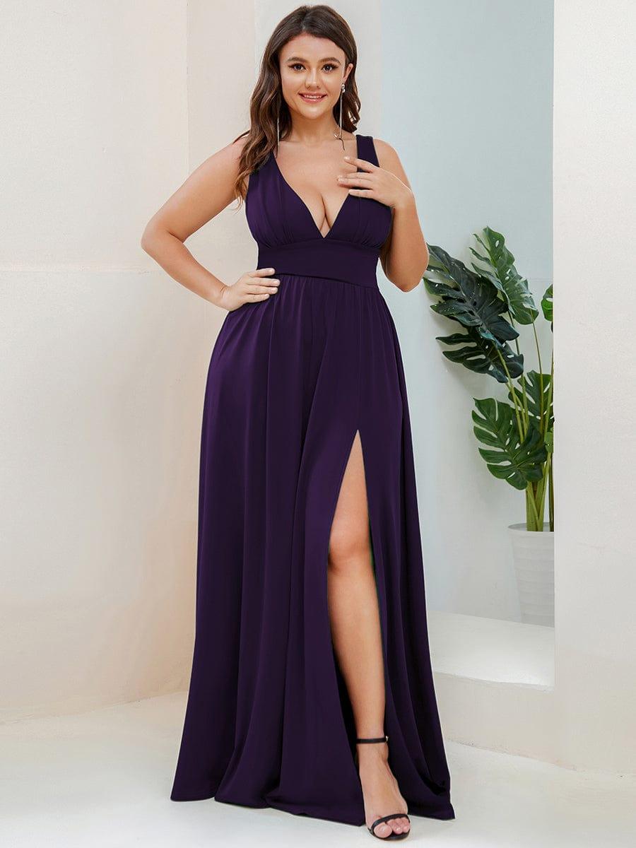 pretty SORAYA|Plus Size Sleeveless V-Neck Empire Waist High Slit Floor-Length Evening Dress