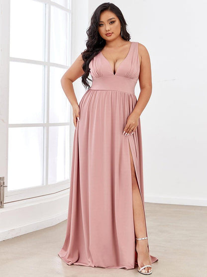 ever SORAYA|Sleeveless V-Neck Empire Waist High Slit Floor-Length Evening Dress