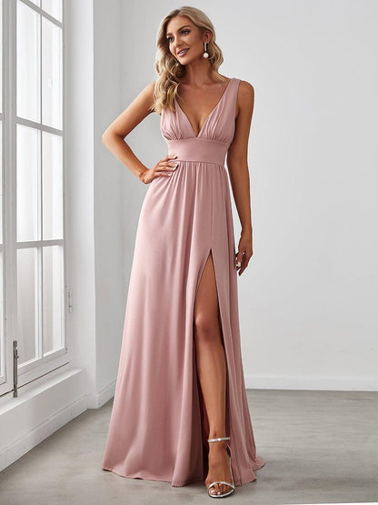 ever SORAYA|Sleeveless V-Neck Empire Waist High Slit Floor-Length Evening Dress