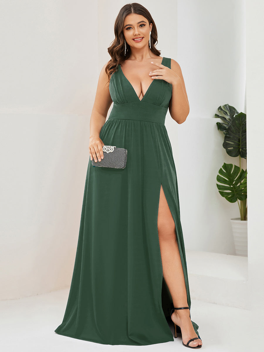 pretty SORAYA|Plus Size Sleeveless V-Neck Empire Waist High Slit Floor-Length Evening Dress