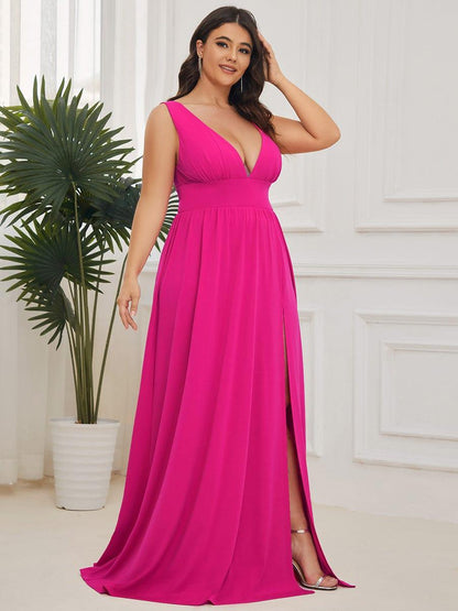 pretty SORAYA|Plus Size Sleeveless V-Neck Empire Waist High Slit Floor-Length Evening Dress