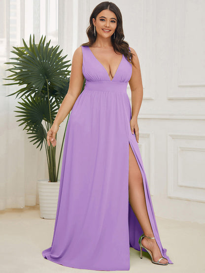 pretty SORAYA|Plus Size Sleeveless V-Neck Empire Waist High Slit Floor-Length Evening Dress