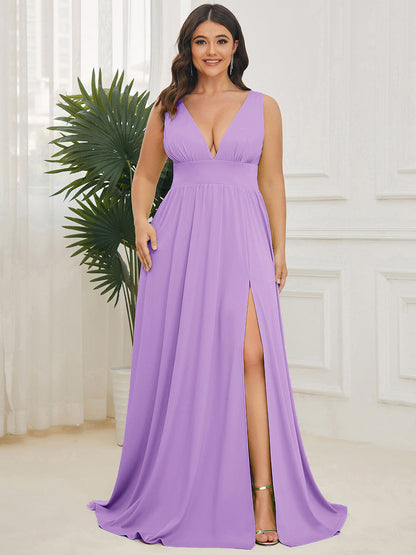 ever SORAYA|Sleeveless V-Neck Empire Waist High Slit Floor-Length Evening Dress