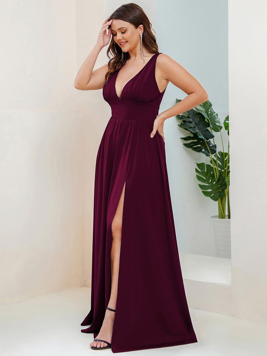 pretty SORAYA|Plus Size Sleeveless V-Neck Empire Waist High Slit Floor-Length Evening Dress