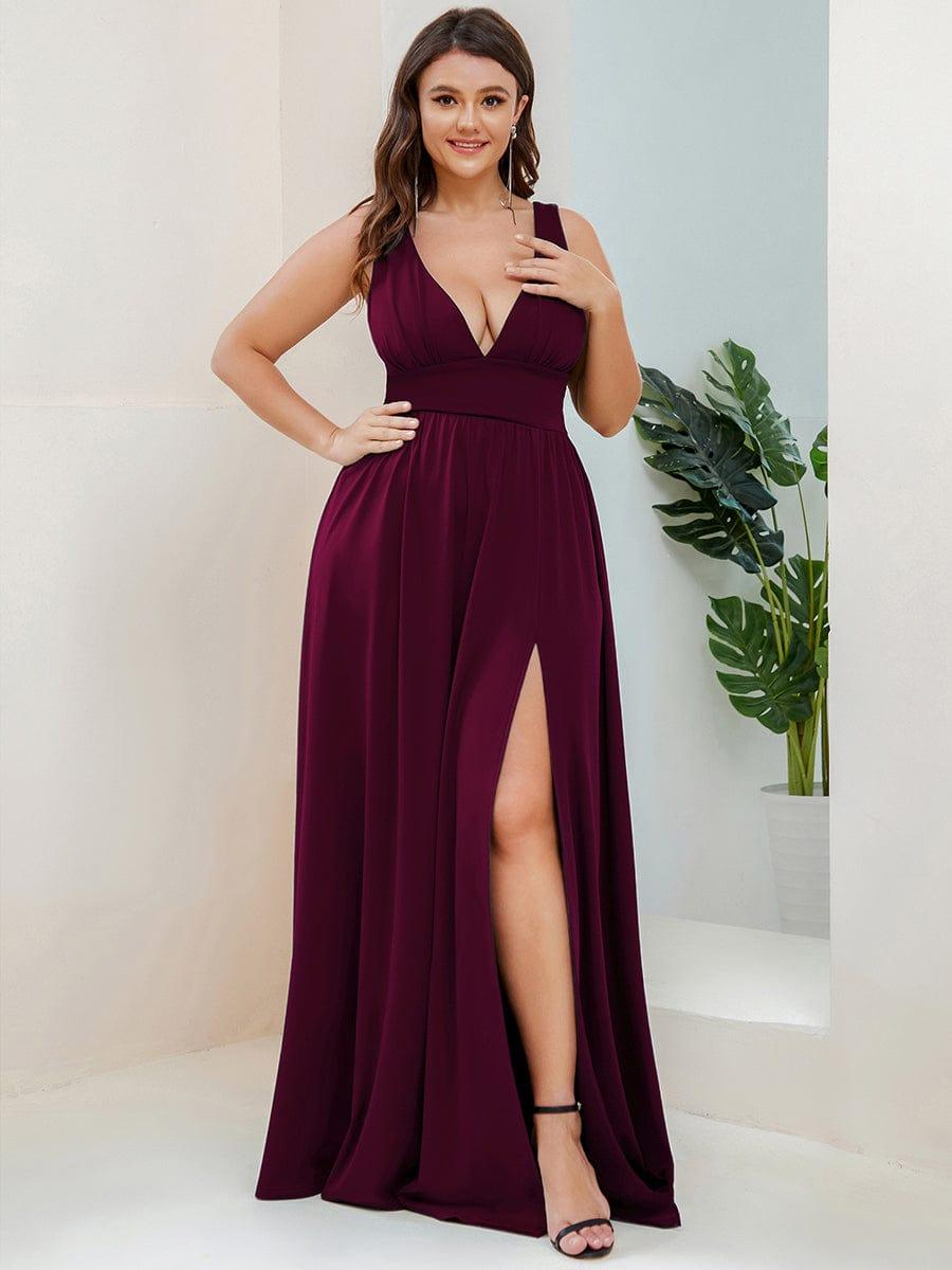 pretty SORAYA|Plus Size Sleeveless V-Neck Empire Waist High Slit Floor-Length Evening Dress