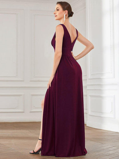 ever SORAYA|Sleeveless V-Neck Empire Waist High Slit Floor-Length Evening Dress