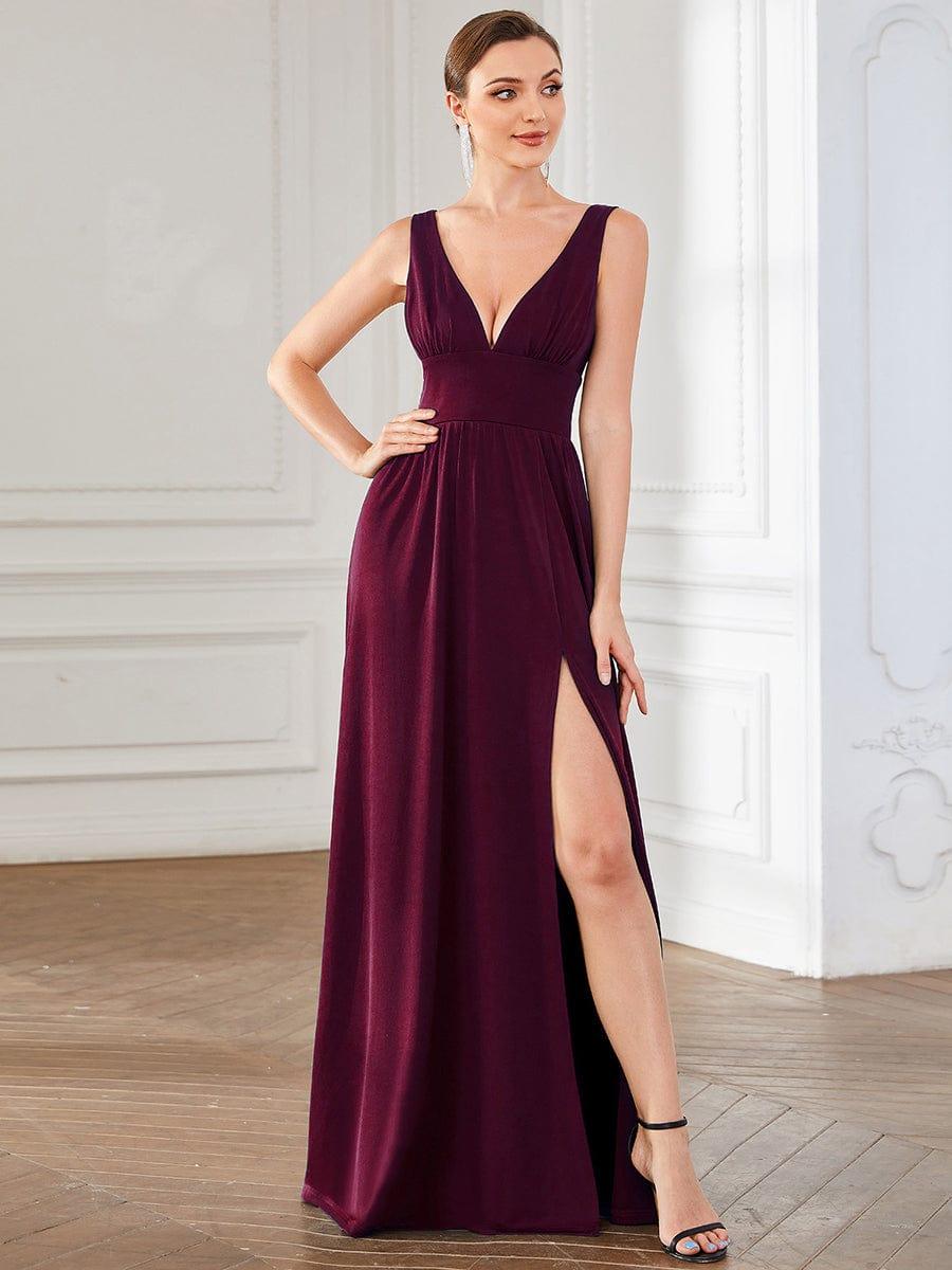 ever SORAYA|Sleeveless V-Neck Empire Waist High Slit Floor-Length Evening Dress