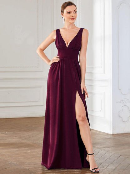 ever SORAYA|Sleeveless V-Neck Empire Waist High Slit Floor-Length Evening Dress