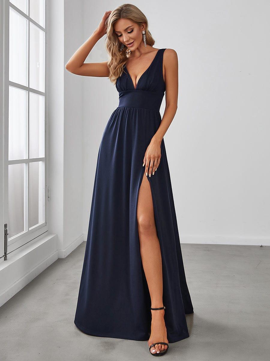 ever SORAYA|Sleeveless V-Neck Empire Waist High Slit Floor-Length Evening Dress