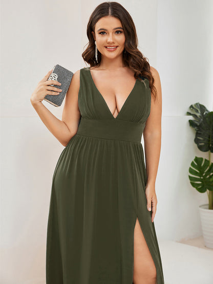 ever SORAYA|Sleeveless V-Neck Empire Waist High Slit Floor-Length Evening Dress