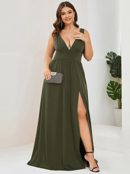 pretty SORAYA|Plus Size Sleeveless V-Neck Empire Waist High Slit Floor-Length Evening Dress