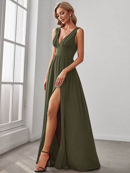 ever SORAYA|Sleeveless V-Neck Empire Waist High Slit Floor-Length Evening Dress