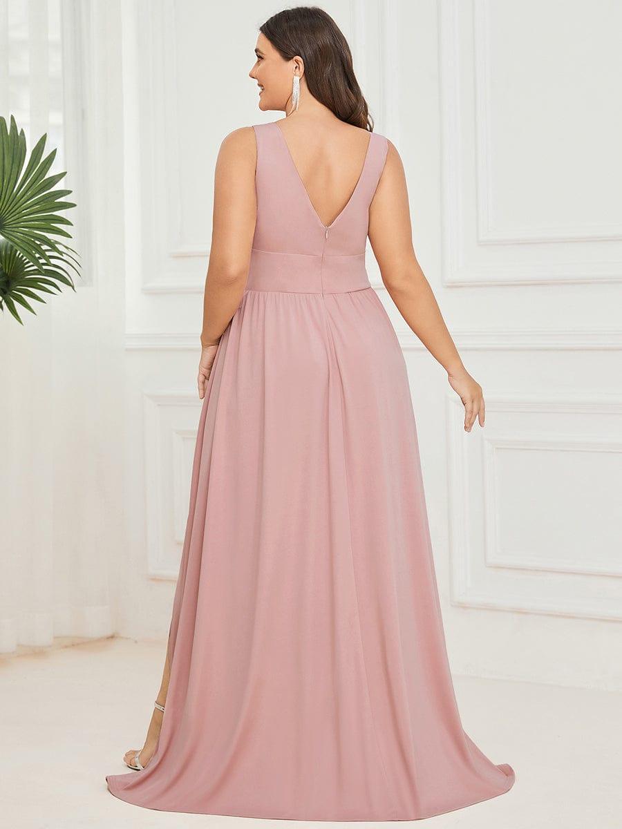 pretty SORAYA|Plus Size Sleeveless V-Neck Empire Waist High Slit Floor-Length Evening Dress