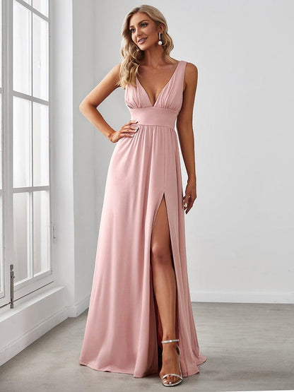 ever SORAYA|Chiffon High Slit Sleeveless V-Neck Empire Waist Formal Evening Dress