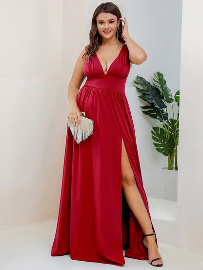pretty SORAYA|Plus Size Sleeveless V-Neck Empire Waist High Slit Floor-Length Evening Dress