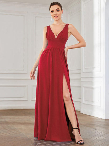 ever SORAYA|Chiffon High Slit Sleeveless V-Neck Empire Waist Formal Evening Dress