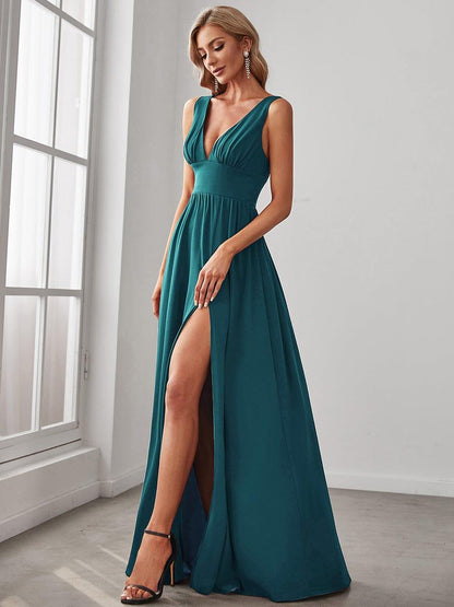 ever SORAYA|Chiffon High Slit Sleeveless V-Neck Empire Waist Formal Evening Dress