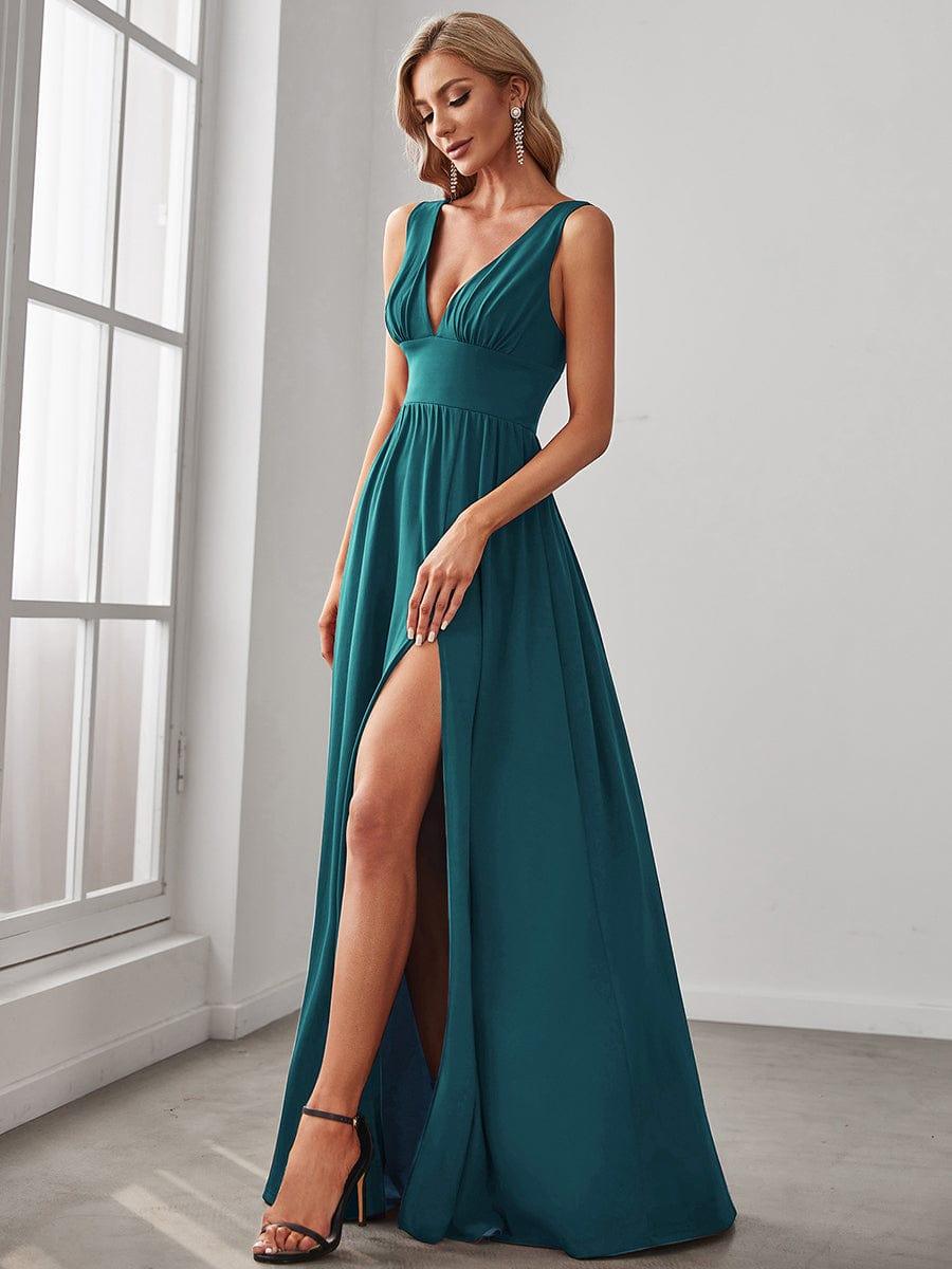 ever SORAYA|Sleeveless V-Neck Empire Waist High Slit Floor-Length Evening Dress