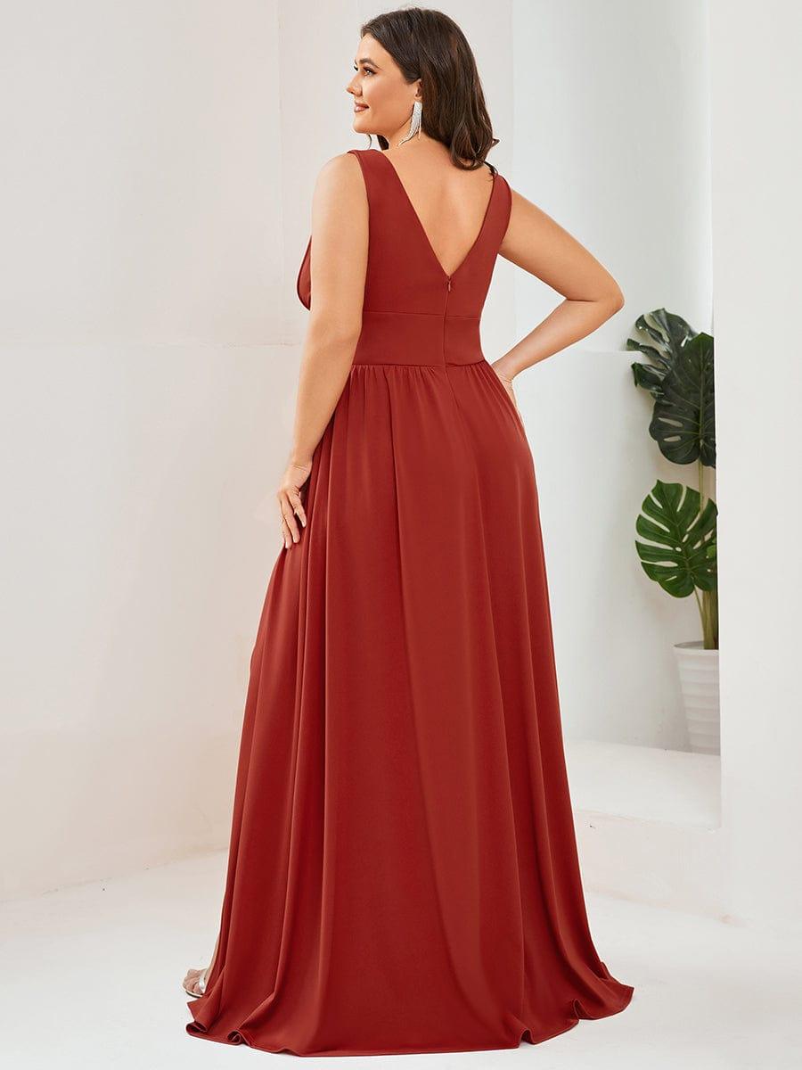pretty SORAYA|Plus Size Sleeveless V-Neck Empire Waist High Slit Floor-Length Evening Dress