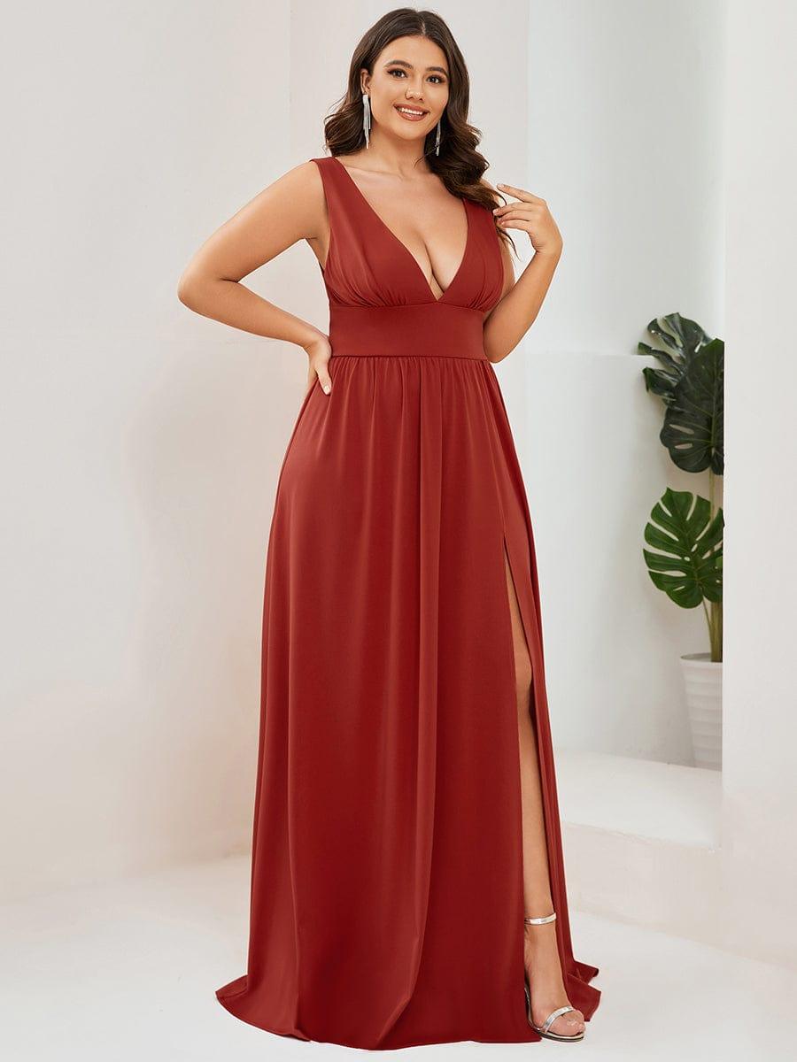 pretty SORAYA|Plus Size Sleeveless V-Neck Empire Waist High Slit Floor-Length Evening Dress