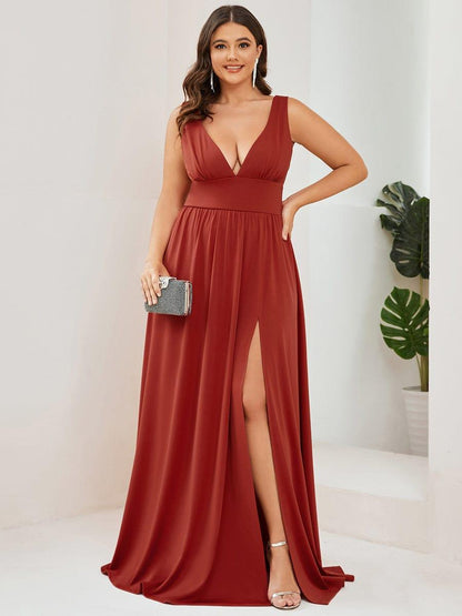 pretty SORAYA|Plus Size Sleeveless V-Neck Empire Waist High Slit Floor-Length Evening Dress