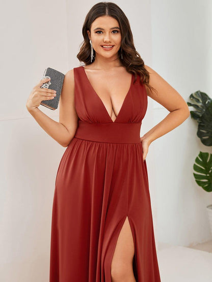 pretty SORAYA|Plus Size Sleeveless V-Neck Empire Waist High Slit Floor-Length Evening Dress