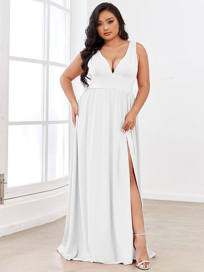pretty SORAYA|Plus Size Sleeveless V-Neck Empire Waist High Slit Floor-Length Evening Dress