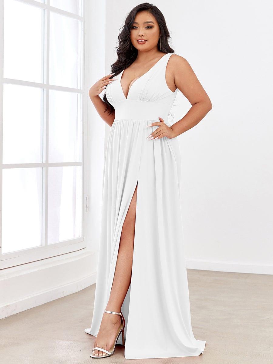 pretty SORAYA|Plus Size Sleeveless V-Neck Empire Waist High Slit Floor-Length Evening Dress