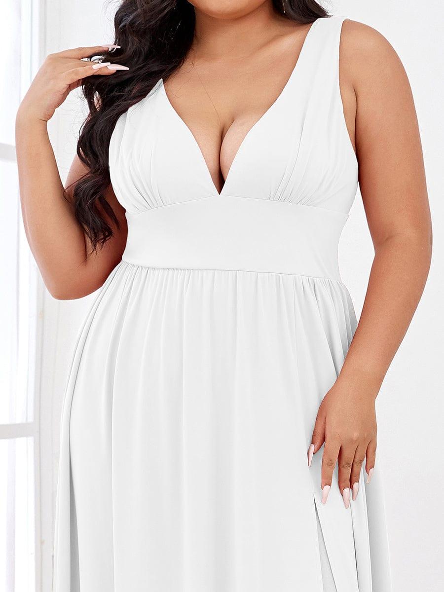 pretty SORAYA|Plus Size Sleeveless V-Neck Empire Waist High Slit Floor-Length Evening Dress