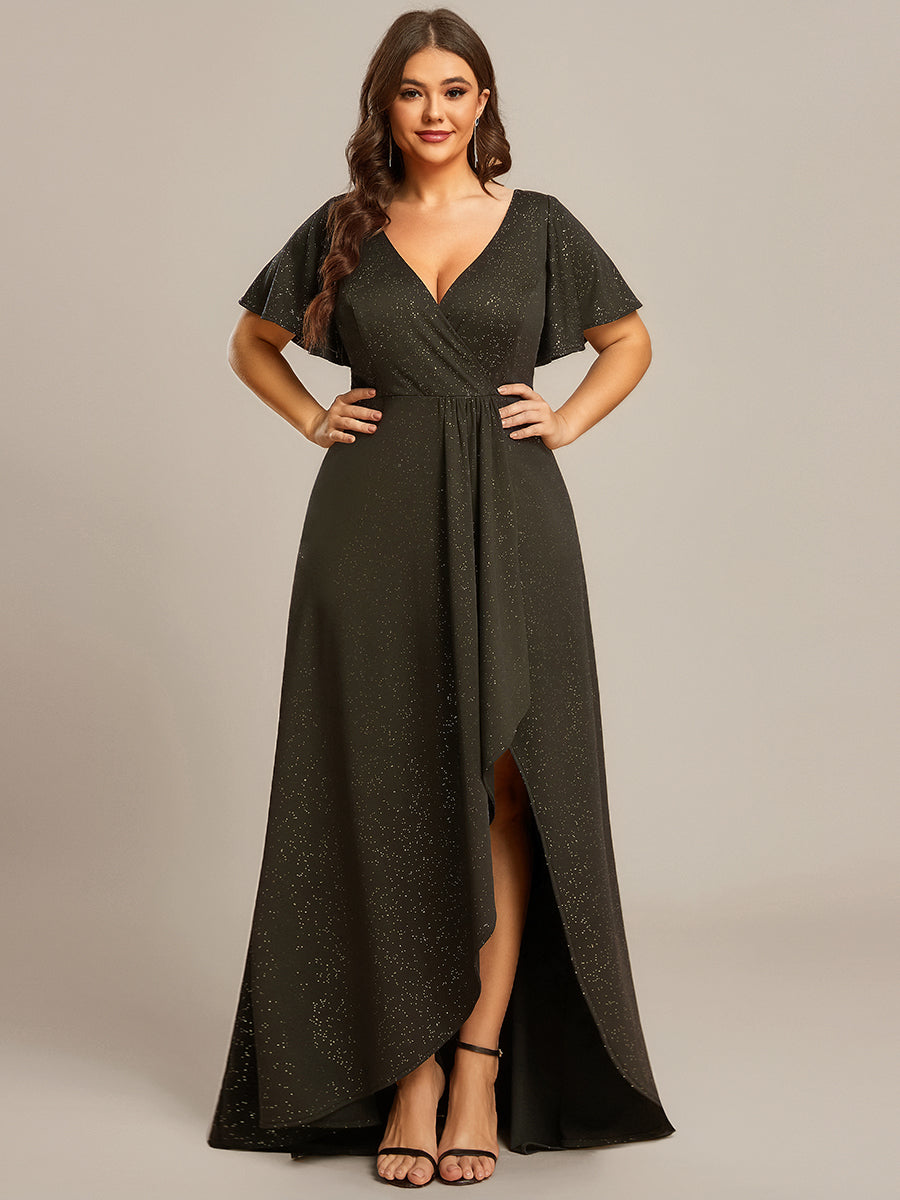 pretty MELODÉ|Plus Size Glitter Ruffled High-Low Front Slit Evening Dress
