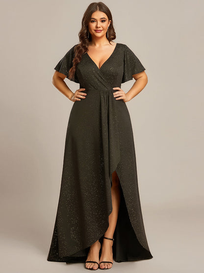 pretty MELODÉ|Plus Size Glitter Ruffled High-Low Front Slit Evening Dress