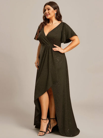 ever MELODÉ|Glitter High-Low Front Side Slit Ruffled V-Neck Evening Dress