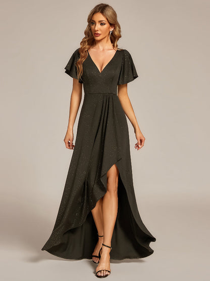 ever MELODÉ|Glitter High-Low Front Side Slit Ruffled V-Neck Evening Dress