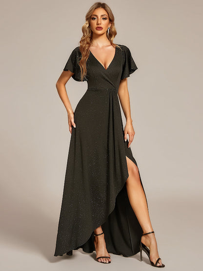 ever MELODÉ|Glitter High-Low Front Side Slit Ruffled V-Neck Evening Dress