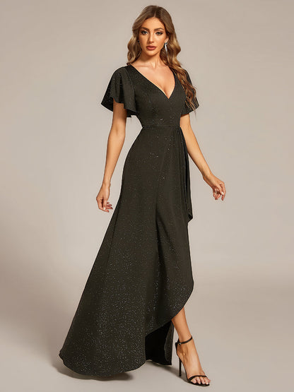 ever MELODÉ|Glitter High-Low Front Side Slit Ruffled V-Neck Evening Dress