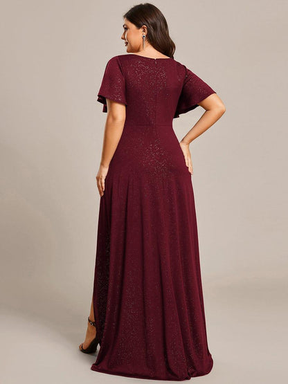 ever MELODÉ|Glitter High-Low Front Side Slit Ruffled V-Neck Evening Dress