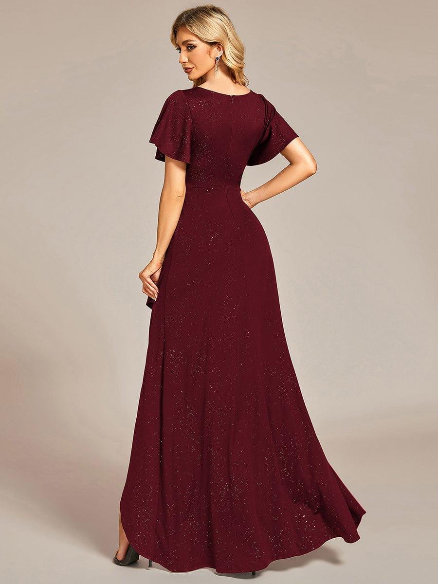 ever MELODÉ|Glitter High-Low Front Side Slit Ruffled V-Neck Evening Dress