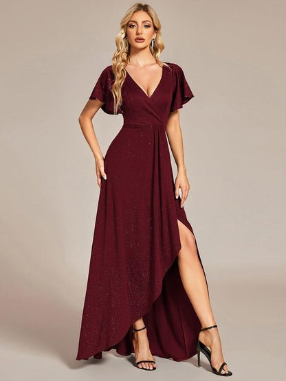 ever MELODÉ|Glitter High-Low Front Side Slit Ruffled V-Neck Evening Dress