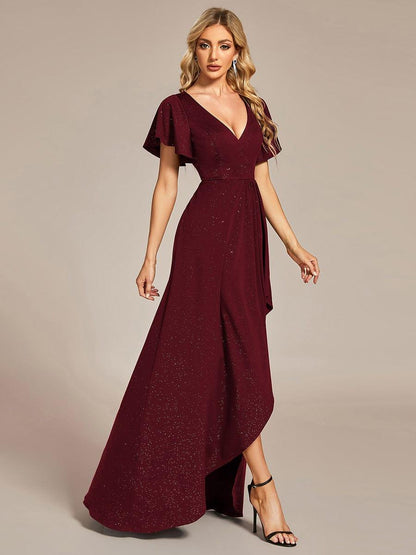 ever MELODÉ|Glitter High-Low Front Side Slit Ruffled V-Neck Evening Dress
