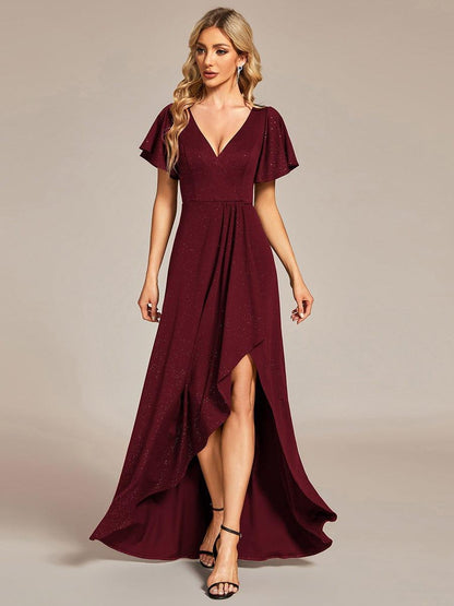 ever MELODÉ|Glitter High-Low Front Side Slit Ruffled V-Neck Evening Dress