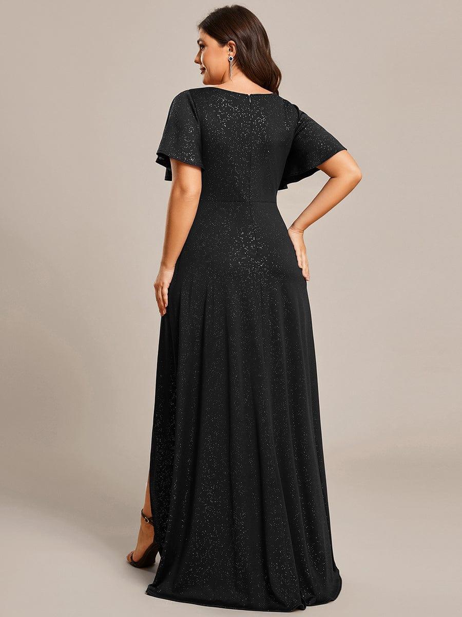 ever MELODÉ|Glitter High-Low Front Side Slit Ruffled V-Neck Evening Dress