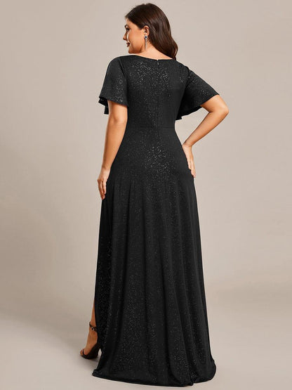 ever MELODÉ|Glitter High-Low Front Side Slit Ruffled V-Neck Evening Dress